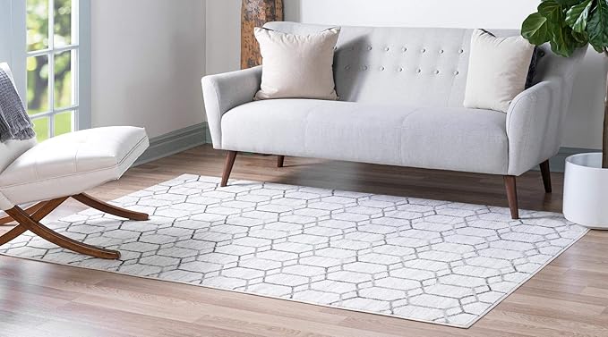 Rugs.com Lattice Trellis Collection Rug – 7' x 10' White Low-Pile Rug Perfect for Living Rooms, Large Dining Rooms, Open Floorplans