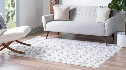 Rugs.com Lattice Trellis Collection Rug – 7' x 10' White Low-Pile Rug Perfect for Living Rooms, Large Dining Rooms, Open Floorplans