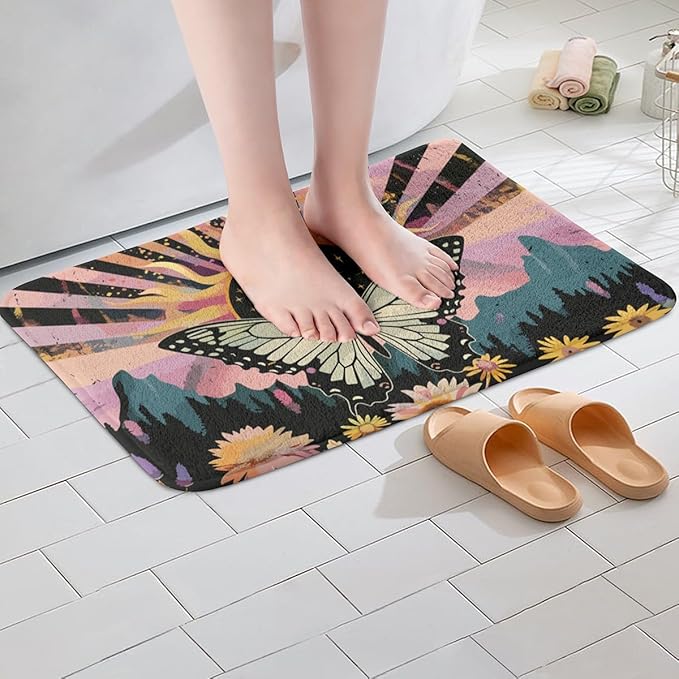 Erosebridal Boho Butterfly Bath Rugs Hippie Yin and Yang Bathroom Mats Rainbow Geometric Striped Bath Carpets 20x32 Bohemian Swirl Spiral Floor Mats Minimalism Mountain Bathroom Rugs