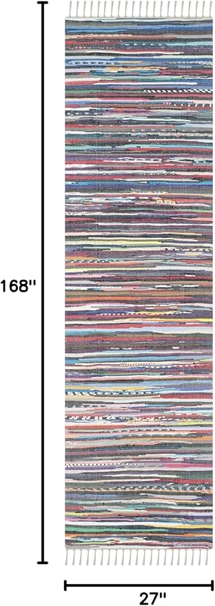 SAFAVIEH Rag Rug Collection Runner Rug - 2'3" x 14', Grey & Multi, Handmade Boho Stripe Cotton, Ideal for High Traffic Areas in Living Room, Bedroom (RAR121M)