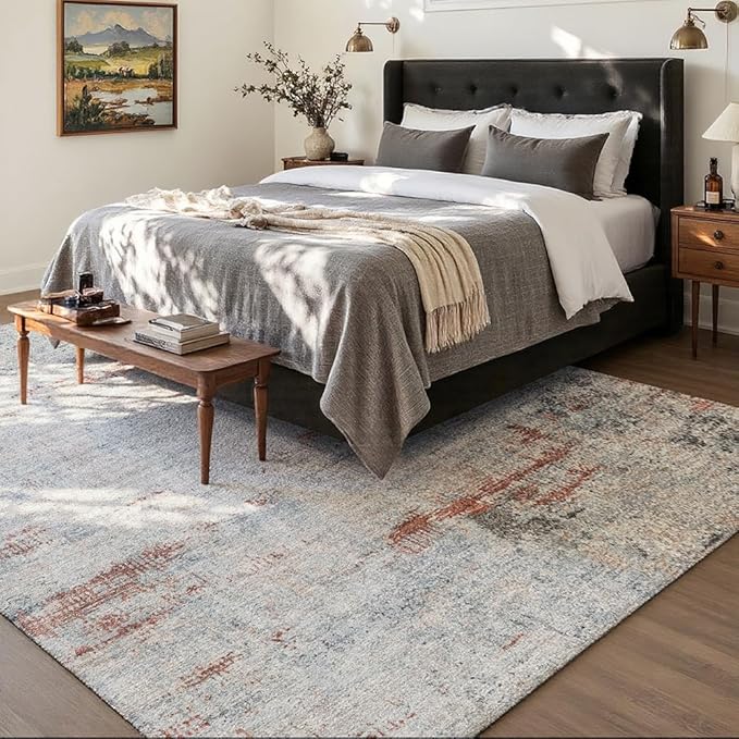 Area Rug 8x10 Washable Rug Grey and Brown for Living Room, Dining Room, Bedroom, Large Carpets, Non Slip & Non-Shedding Low Pile Vintage Print Rug for Home Office Decor