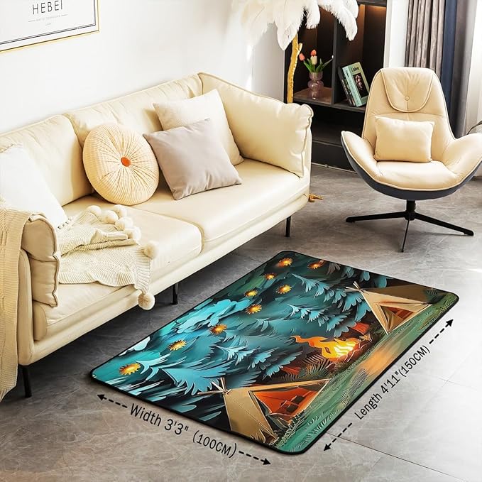 Camping Area Rug 3x5 Woodland Camp Rugs for Living Room | Vintage Camfire Tent Washable Rug, Camper Decor Rustic Carpet Indoor Floor Mat,Farmhouse Decor