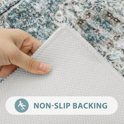 Uphome Boho Bathroom Rugs, Distressed Farmhouse Blue Bath Mat, Comfy Velvet Small Bath Rugs Non Slip Washable, Vintage Oriental Toilet Rug for Sink Shower Vanity, 20x32 inch
