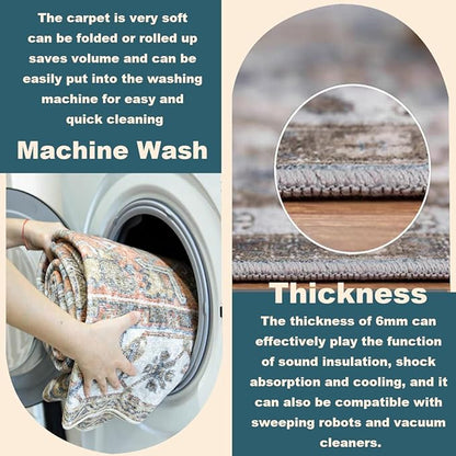 Area Rug 5'x7' Washable Rug Floral Khaki Traditional Floor Cover Thin Retro Kitchen Indoor Distressed Non Slip Carpet for Living Room Bedroom Dining Room