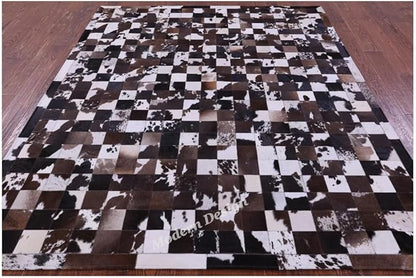 Modern Design Premium Cowhide Leather Carpet with Chevron Pattern, Area Rug (Brown/White-1, 10x14)