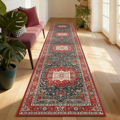 Enkor Runner Rugs for Hallway, 2x10 Washable Soft Boho Non Slip Floor Rugs for Kitchen, Modern Mat for Living Room Bedroom Entryway Red & Blue