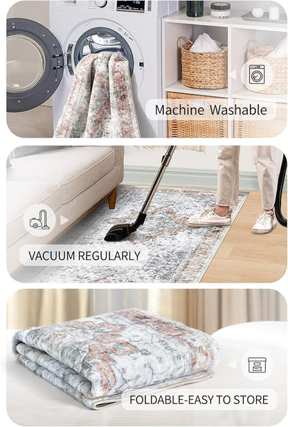 COMSLE Boho Runner Rug, 2x6 Washable Area Rugs for Hallway Faux Wool Small Throw Rug Distressed Kitchen Non-Slip Laundry Room Carpet Runner for Entryway Indoor Door Mat Bedroom (Orange)