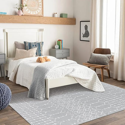 Lahome Moroccan Washable Living Room Area Rug 3x5 Small Rugs for Bedroom Throw Non-Slip Low-Pile Entryway Rug Kitchen Rugs Soft Grey Distressed Capet for Office Bathroom Laundry Room Dining Room