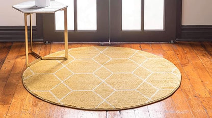 Unique Loom Trellis Frieze Collection Area Rug - Geometric (5' 1" Round Yellow/Ivory)