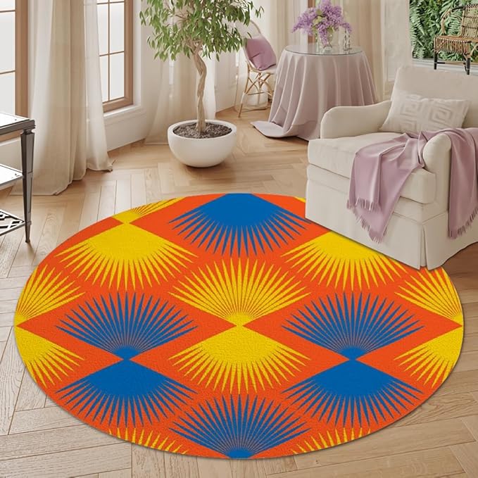 Vintage Blue Orange Round Rug Retro Pattern Print Area Rug Washable 8ft Circle Rugs for Living Room Bedroom Non Slip, Soft Indoor Floor Carpet for Kitchen Entryway Family Room