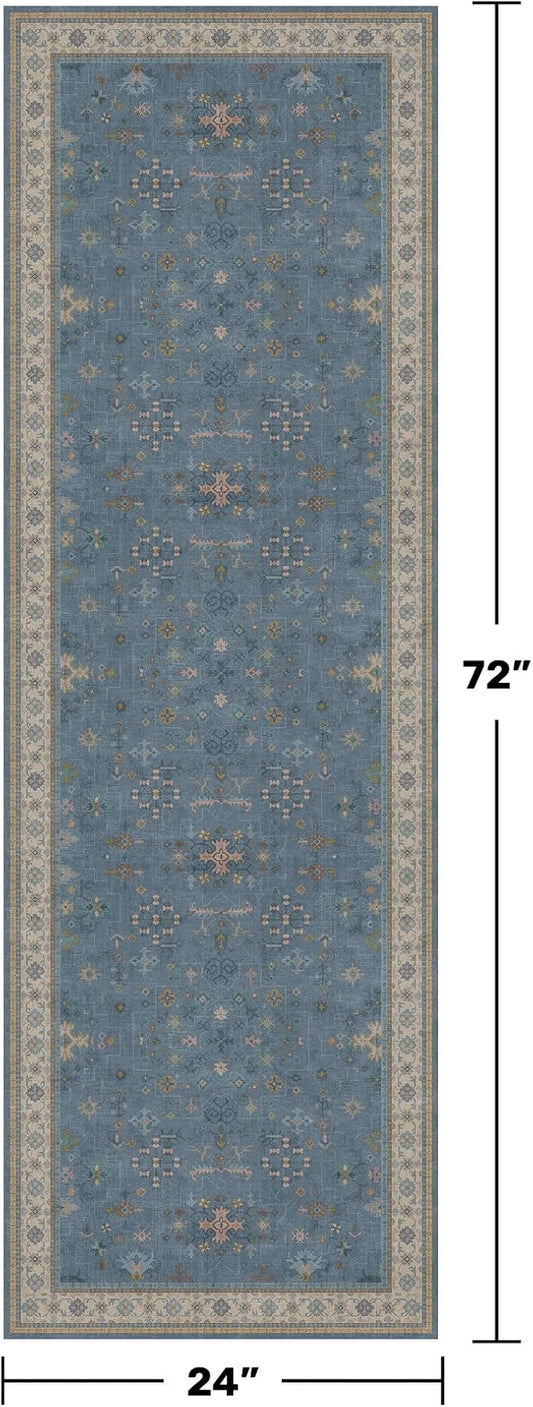 Boho 2x6 Non Slip Kitchen Rug Runner - Light Blue Washable Rug for Bathroom, Laundry Room, Hallway, Non Slip with Rubber Backing, Floral Eclectic Unique Runner Décor