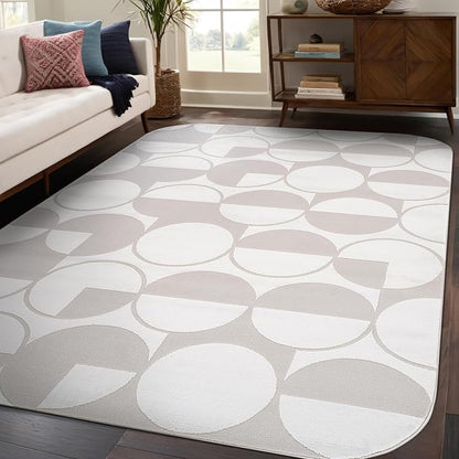 Beverly Rug Modern Geometric Area Rug 6x9 Low-High Pile Durable Soft Abstract Circular Indoor Rugs for Living Dining Room Office Stain Resistant Non Shedding Casual Indoor Carpet Beige White 6 x 9