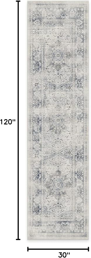 RUGGABLE Washable Vintage Runner Rug – Sarrah Blue Quartz 2.5x10, Stain-Resistant, Non-Slip Hallway Runner – Machine Washable Rug for Hallway, Entryway, Living Room & Kitchen–with Cushioned Pad