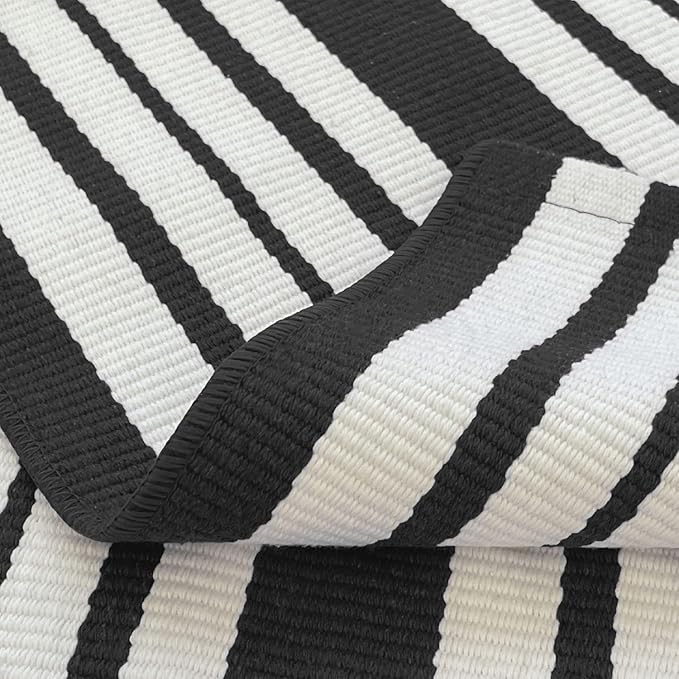 KOZYFLY Black and White Striped Porch Runner Rug 2x4.3 Ft Washable Outdoor Rug Farmhouse Outdoor Doormats Double Front Door Rug Striped Runner for Front Door Kitchen Hallway Bathroom
