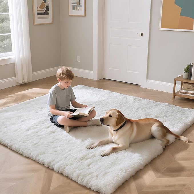 Fluffy Rug Shaggy Area Rug, White 6x9 Area Rugs for Living Room, Large Shag Area Rugs for Bedroom Kids Room Home Decor, Upgrade Anti-Skid Rectangular Fuzzy Rugs