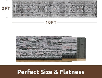 AMOAMI-2X10 Runner Rug-Washable Runners for Hallways-Soft Non Slip Bedside Rugs for Bedroom-Vintage Long Rug for Hallways Entryway Laundry Room Stair Kitchen Bathroom Dark Grey & Black