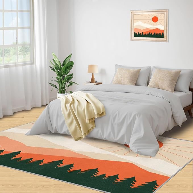 Boho Sun Area Rugs 4x5ft, Minimalist Mountain Kids Play Rug, Abstraction Deco Throw Rugs Bedroom Fluffie Soft for Coffee Shop Living Room Under Table Game Room