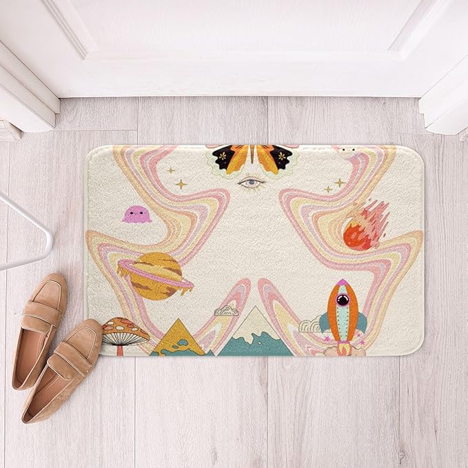 Erosebridal Groovy Butterfly Bath Rugs for Girls Trippy Hippie Mushroom Bathroom Mats Cute Pastel Rainbow Bath Carpets 20x32 Cartoon Rocket Planets Floor Mats Minimalism Snow Mountain Bathroom Rugs