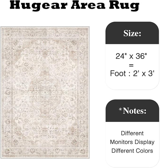 HUGEAR 2x3 Entryway Area Rug Vintage Beige Small Rug Machine Washable Door Mat Neutral Floral Low Pile Carpet Vacuumable Thin Throw Rug Entrance Kitchen Bathroom Bedroom Non Slip Lightweight