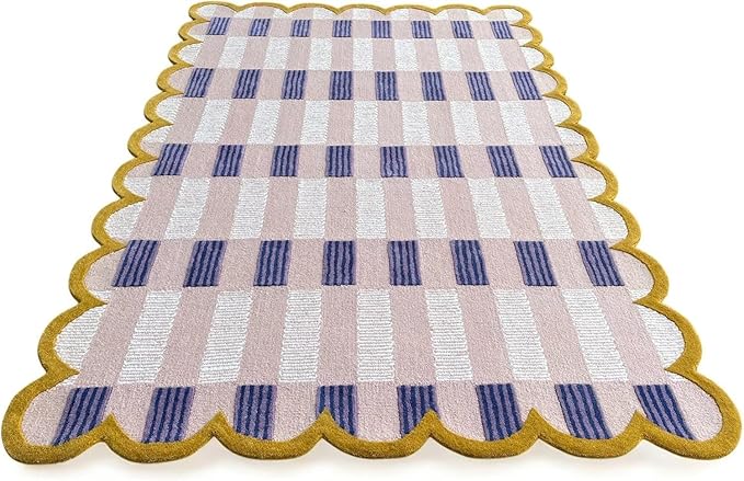 Hand-Tufted Wool Rug with Scalloped Edges, Light Blue Plaid Pattern, Cozy Soft Area Rug for Living Room, Bedroom, and Nursery, Handmade Modern Accent Rug (Pink, 9X14 FEET)