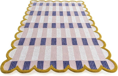 Hand-Tufted Wool Rug with Scalloped Edges, Light Blue Plaid Pattern, Cozy Soft Area Rug for Living Room, Bedroom, and Nursery, Handmade Modern Accent Rug (Pink, 6X9 FEET)