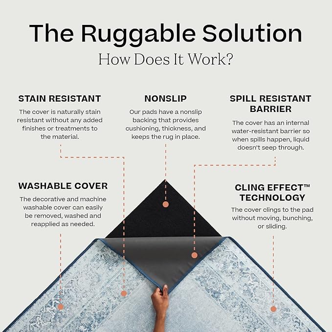 RUGGABLE Washable Vintage Area Rug – Kamran Hazel 8x10, Stain-Resistant, Non-Slip – Large Machine Washable Rugs for Living Room, Bedroom, Hallway, Entryway & Office–with Standard Pad