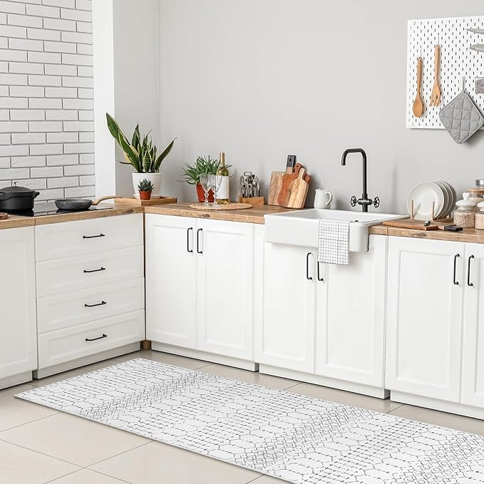 Lahome Moroccan Kitchen Runner Rug - 2x8 Non-Slip Washable Hallway Rug Runner Ultra-Thin Soft Throw Bathroom White Print Distressed Carpet for Entryway Laundry Room Living Room