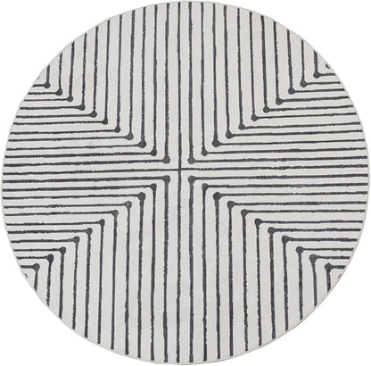 GLN Rugs Contemporary Collection - Machine Washable Area Rug, Contemporary Washable, Non Slip, Low Pile Chenille Rug, Living Room, Bedroom, Kitchen Rug (5'3" Round Black Beige)