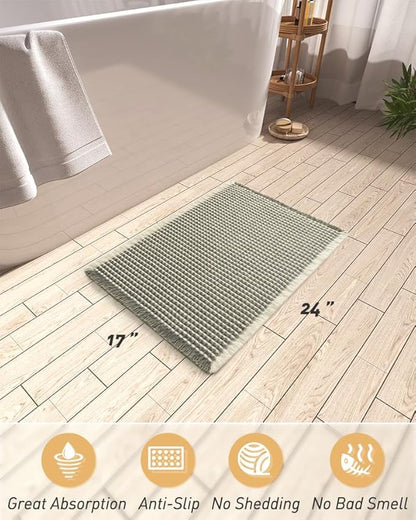 AMOAMI Upgraded Waffle Bath Mat, Super Absorbent Non Slip Bath Mats for Bathroom Floor, Machine Washable Bathroom Rugs with Tassels, Rubber Backed Bathroom Mats, Ultra Soft, 17" x 24", Green & Cream