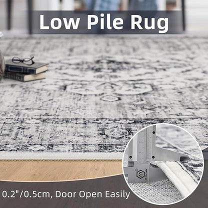 Runner Rugs for Hallway 2x6 Ft Non-Slip Fall Runner Rugs with Rubber Backing Washable Rug Runner for Kitchen Bedroom Vintage Distressed Carpet (Border Grey)