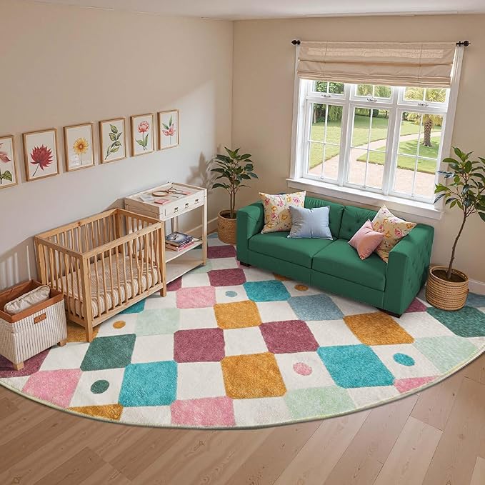 jinchan Macy Kids Rug for Classroom 8ft Radius Corner Washable Area Rug Modern Colorful Quarter Circle Rug Soft Non-Slip Carpet for Nursery Playroom Daycare Reading Nook Living Room Confetti on Cream