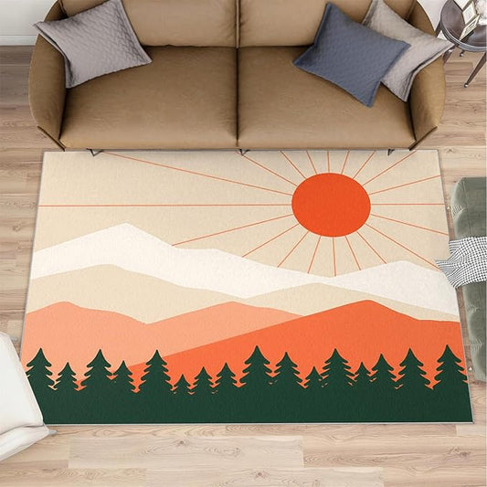 Boho Sun Area Rugs 5x6ft, Minimalist Mountain Rugs for Kids Bedroom, Abstraction Deco Office Rug Low Pile are Not Stumbling Foot for Living Room End Table Nursery