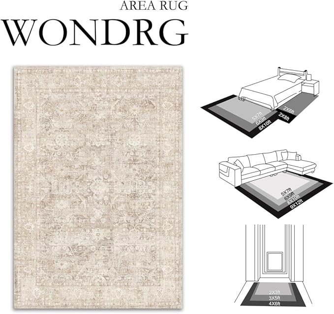 8x10 Beige Washable Area Rug for Living Room Bedroom Neutral Soft Non Slip Rug Low Pile Vintage Distressed Carpet for Dining Room Nursery Office Indoor