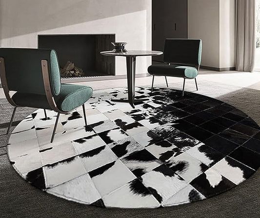 Cowhide Round Leather Rug 5x5 ft – Genuine Hair-On Hide Patchwork Area Rug for Living Room, Bedroom, Kids Playroom, Lounge & Western Home Decor