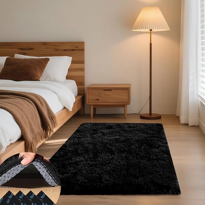 3x5 Black Rug for Bedroom Living Room, Fluffy Small Area Rug Soft Shag Carpet for Kids Boys and Girls Room with 4 Rugs Non-Slip Stickers Dorm Home Decor (3ft x 5ft)