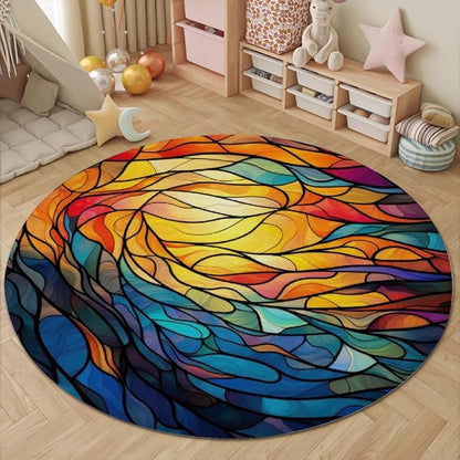Abstract Colorful Pattern Round Rug Vintage Church Glass Area Rug Washable Soft Non-Slip Floor Carpet Low Pile Accent Rugs for Entryway Living Room Dining Room Bedroom Home Office 5ft