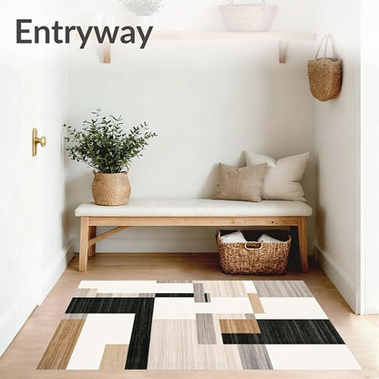 Flatwoven High Traffic Area Rug 5x7, Dark Beige Geometry and Dirt Trapper Design, Non Slip, Stain Resistant, Washable Area Rugs for Living Room, Bedroom (Beige, 5x7)