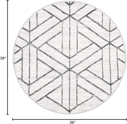 Rugs.com Lattice Trellis Collection Rug – 3 Ft Round White Low-Pile Rug Perfect for Kitchens, Dining Rooms