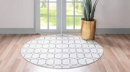 Rugs.com Lattice Trellis Collection Rug – 5 Ft Round White Low-Pile Rug Perfect for Kitchens, Dining Rooms