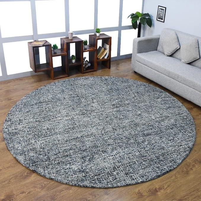 Hand Tufted Wool ECO-Friendly Area Rugs - 8'x8', Round Shape, Dark & Blue, Solid Plain Design, High Pile Thick Handmade Anti Skid Area Rugs for Living Room, Bed Room (KWC111)