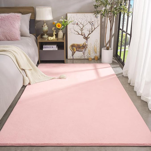 Amearea Modern Area Rugs for Bedroom Living Room, 4x6 Feet Pink Thickened Memory Foam Rug, Fluffy Indoor Washable Rugs Non Slip Minimalist Carpet for Kids Boys Girls Dorm Nursery Room Decor
