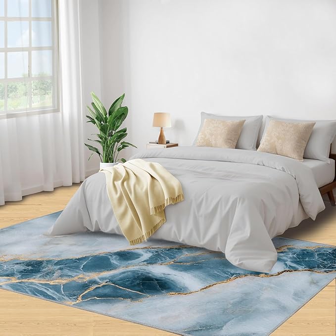 5x8 Abstract Marble Kids Rug - Blue-White-Marble Dining Room Rug, Luxury Stone Pattern Area Rugs Indoor Modern Rugs for Bedroom Hardwood Floors Teen Room