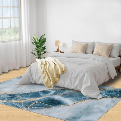 5x8 Abstract Marble Kids Rug - Blue-White-Marble Dining Room Rug, Luxury Stone Pattern Area Rugs Indoor Modern Rugs for Bedroom Hardwood Floors Teen Room