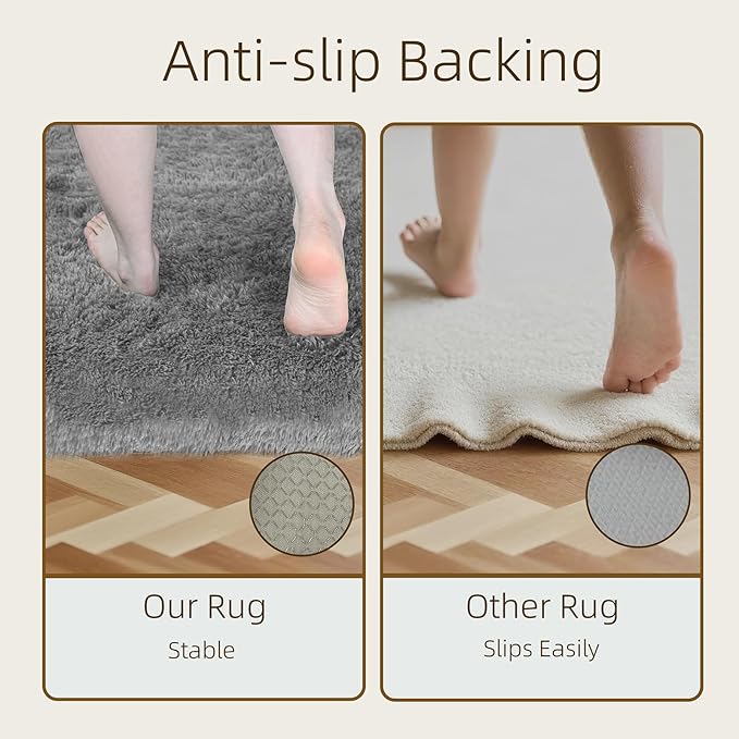 3x5 Solid Fluffy Grey Area Rug – Washable, Durable, Living Room Rug, Non-Slip High Pile Shag Rugs for Bedroom, Living Room, Bedside, Dorms, Nursery Rooms, Kids Room, Soft Indoor Floor Carpet