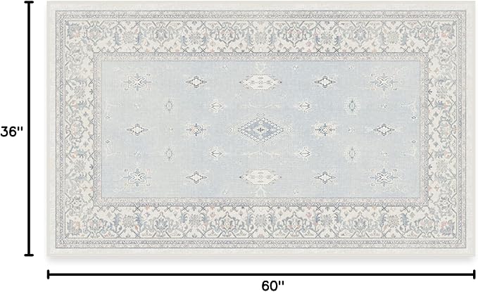 RUGGABLE Washable Vintage Area Rug – Verena Soft Blue 3x5, Stain-Resistant, Non-Slip – Small Machine Washable Rugs for Living Room, Bedroom, Hallway, Entryway & Office–with Cushioned Pad