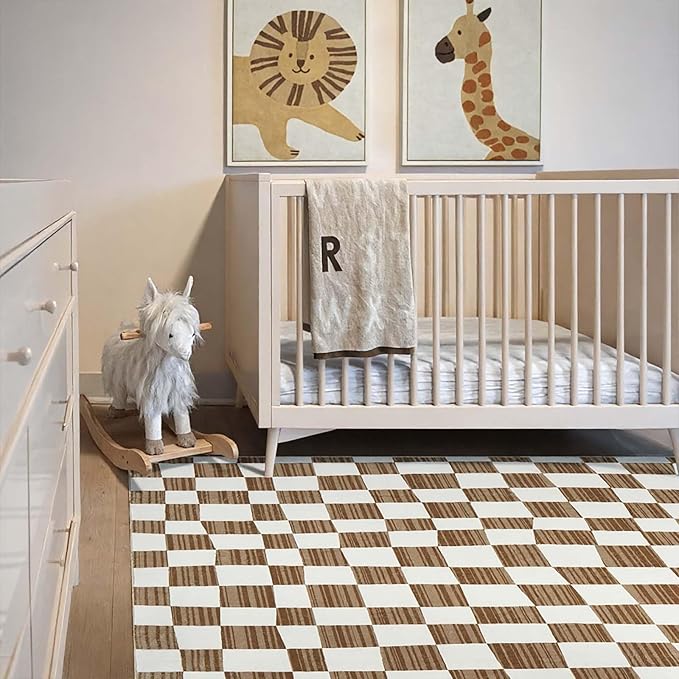 jinchan 4x6 Brown Checkered Area Rugs for Kids Room - Machine Washable Rug Modern Neutral Geometric Lattice Soft Non-Slip Carpet for Nursery Playroom Bedroom Entryway Living Room Home Office