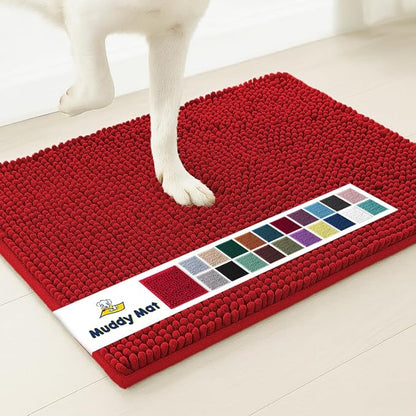 Muddy Mat® Shown on TV – Super Absorbent Microfiber Dog Door Mat for Muddy Paws, Non-Slip Washable Pet Rug, Quick Dry Chenille Entryway Carpet, Machine Washable Indoor Outdoor mat, Red 28"x18"