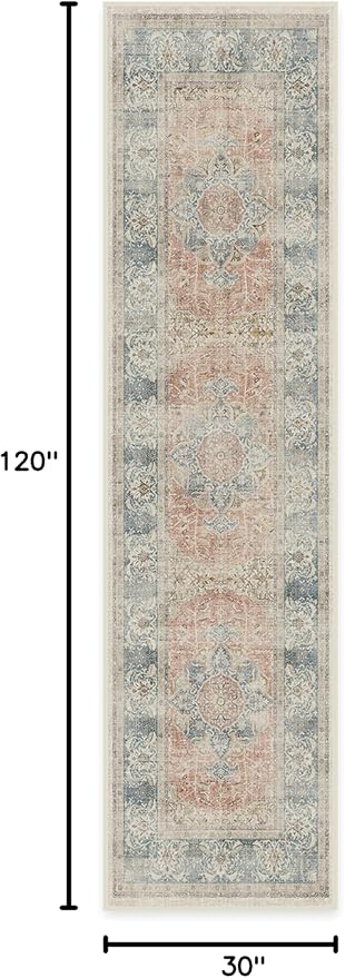RUGGABLE Washable Vintage Runner Rug – Sarrah Coral 2.5x10, Stain-Resistant, Non-Slip Hallway Runner – Machine Washable Rug for Hallway, Entryway, Living Room & Kitchen–with Standard Pad