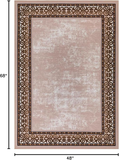 Antep Rugs Alfombras Bordered Modern 4x6 Non-Slip (Non-Skid) Low Pile Rubber Backing Indoor Area Rug (Beige, 4' x 5'8")