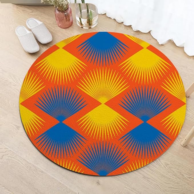 Vintage Blue Orange Round Rug Retro Pattern Print Area Rug Washable 5ft Circle Rugs for Living Room Bedroom Non Slip, Soft Indoor Floor Carpet for Kitchen Entryway Family Room